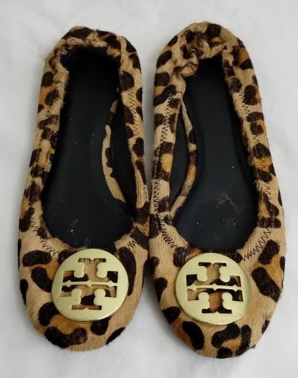 Tory Burch Womens Suede Cheetah Print Flats Gold Brand Medallion Size 8 M